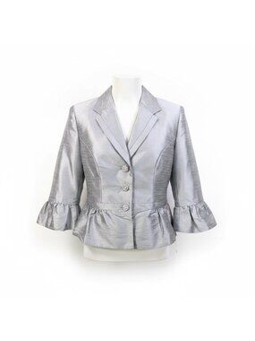 JS Collections Womens Silver Ruffled Peplum Blazer Jacket Size 8
